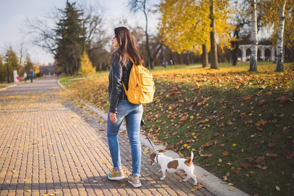 Eine Ziemlich Schlanke Brünette Lässiger Kleidung Und Gelbem Rucksack Spaziert — Stockfoto