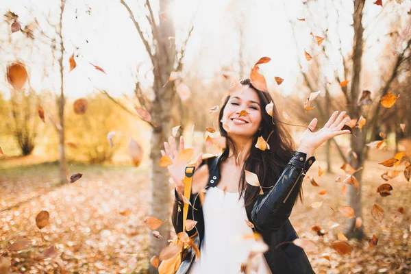 Feliz Bem Sucedido Jovem Encantadora Mulher Vento Cercado Por Folhas — Fotografia de Stock