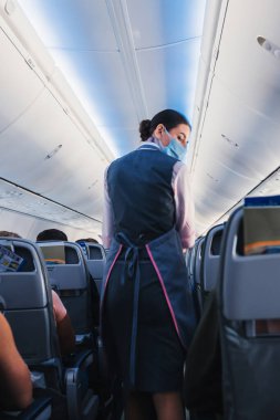 Budva, Karadağ - 14 Ağustos 2020: Hostes uçak koridorunda yiyecek ve içecek dağıtıyor