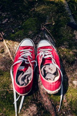 Ormandaki çimlerin üzerinde kırmızı yürüyüş ayakkabıları - orman yürüyüşü için rahat ayakkabılar