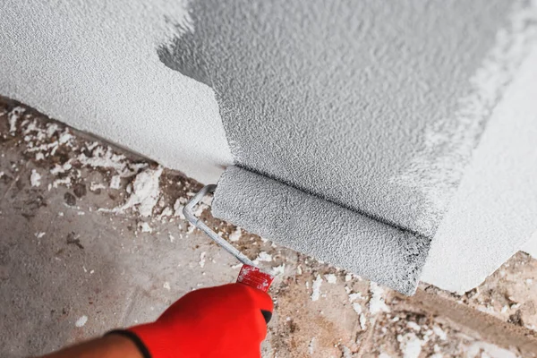 Duvarı alçılı beyaz boya rulosuyla boyamak - ön cephe bitirme işi