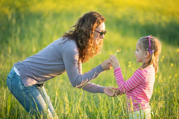 夏の草原で娘とママ — ストック写真