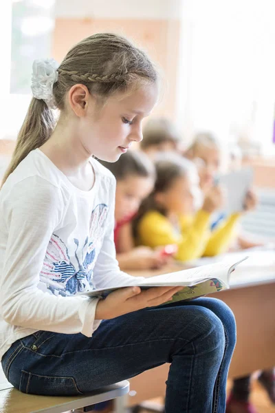 Skolflicka Sitter Vid Ett Skrivbord Skolan Lektion Skolan — Stockfoto