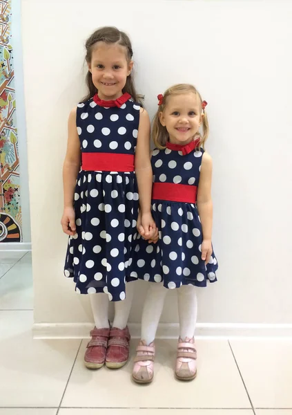 Two Little Girls Identical Dresses Shop — Stock Photo, Image