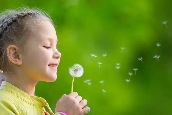Cute Little Girl Blowing Dandelion Meadow — Stock Photo, Image
