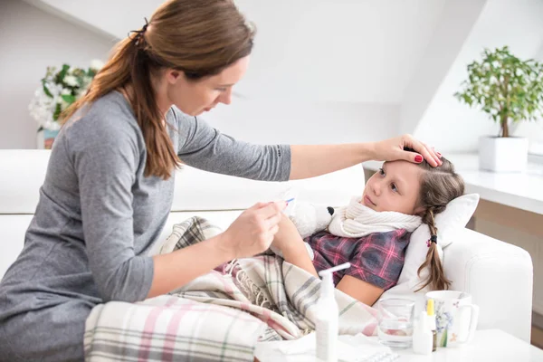 Mother Sits Bedside Sick Daughter Measures Temperature — Stock Photo, Image