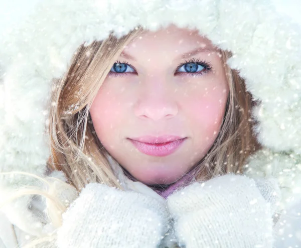 Porträt Einer Blonden Hübschen Frau Pelzmantel Vor Winterlichem Hintergrund — Stockfoto