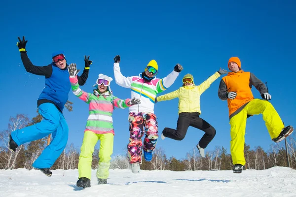 Vriendengroep Hebben Een Goede Tijd Wintersportplaats — Stockfoto