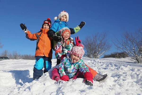 冬天一群孩子在雪地上玩耍 — 图库照片