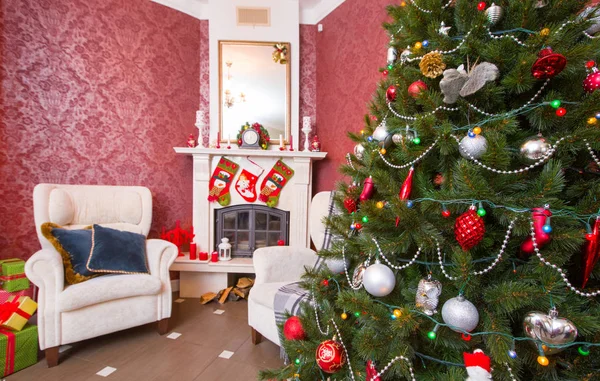 stock image Festively decorated apartment with fireplace and Christmas tree