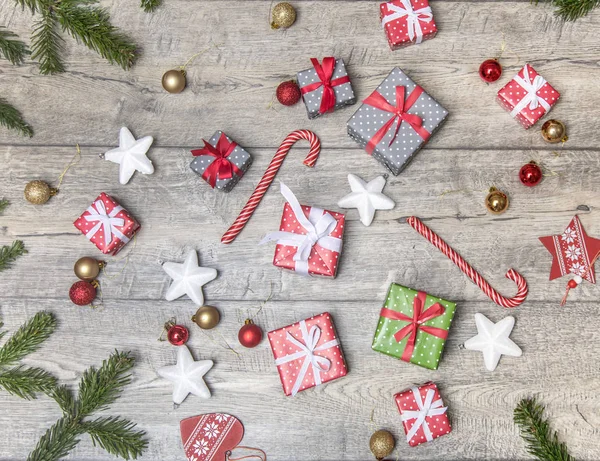 Bella Serie Accessori Natale Rami Albero Natale Regali Decorazioni Sul — Foto Stock