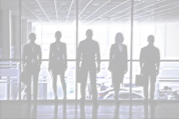 Gruppe Von Silhouetten Von Geschäftsleuten Kommunikation Hintergrund Business Center — Stockfoto