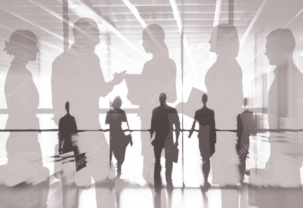 Collage from silhouettes of  group  businesspeople comunications  background business office