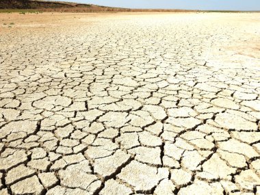 View of the dried-up bottom of a reservoir covered with cracks. Ecological catastrophy. clipart