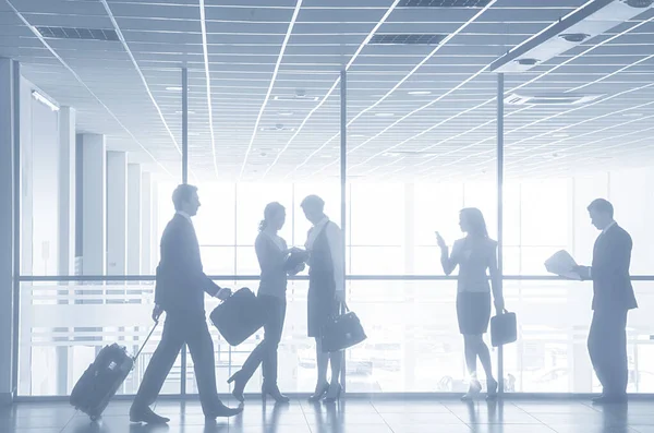Group Silhouettes Businesspeople Going Background Business Centre — Stock Photo, Image