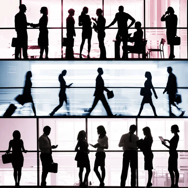 Collage Aus Silhouetten Von Gruppenunternehmern Kommunikation Hintergrund Business Office — Stockfoto