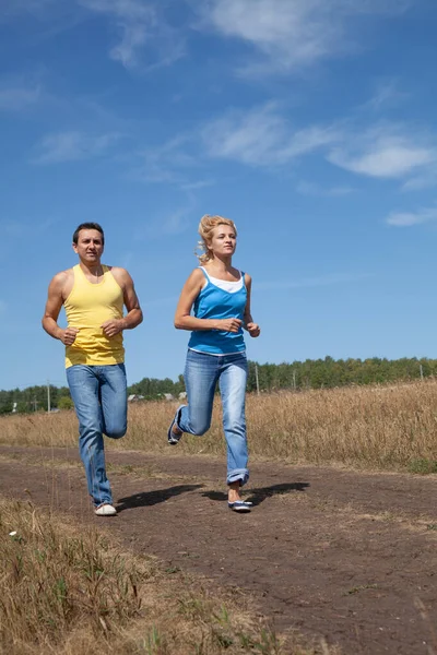 Beautiful Middle Aged People Jogging Nature — Stock Photo, Image