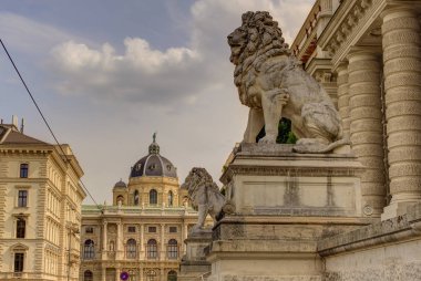 Aslan heykelleri Adalet Sarayı önünde. Arka planda Doğal Tarih Müzesi. Viyana