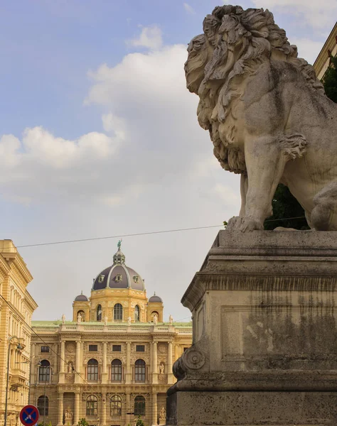 Aslan heykeli Adalet Sarayı önünde. Arka planda Doğal Tarih Müzesi. Viyana