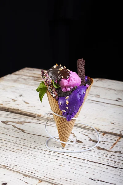 Ice Cream Assorted Balls Chocolate Strawberry Blueberry Waffle — Stock Photo, Image