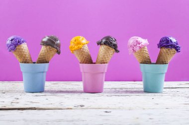 Yaban mersini, çikolata, çilek ve portakal dondurma waffle içinde çeşitli topları Fuşya zemin üzerine çeşitli dondurma kaşık toz