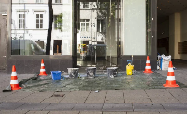 Vienna Avusturya Mayıs Roadworks Koniler Mayıs 2018 Bir Kaldırım Bakım — Stok fotoğraf