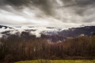 Slovenya dağlarının sisle kaplı görüntüsü