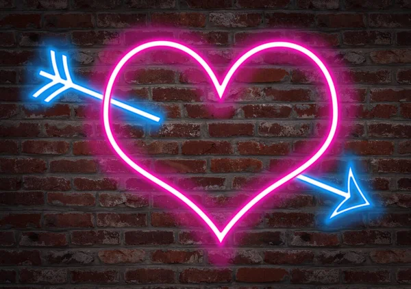 Hearth Pierced Arrow Shape Light Neon Brick Wall — Stock Photo, Image