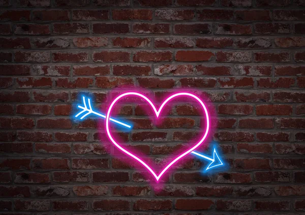 Hearth Pierced Arrow Shape Light Neon Brick Wall — Stock Photo, Image