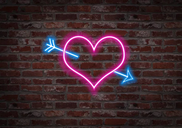 Hearth Pierced Arrow Shape Light Neon Brick Wall — Stock Photo, Image