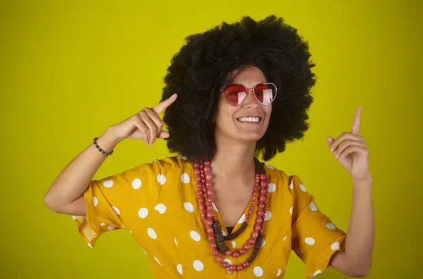 Young Beautiful Smiling Woman Curly Afro Hairstyle Heart Shaped Glasses — Stock Photo, Image