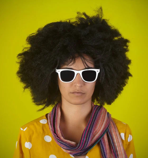 Portrait Indian Intriguing Woman Afro Curly Hairstyle White Eyeglasses Yellow — Stock Photo, Image