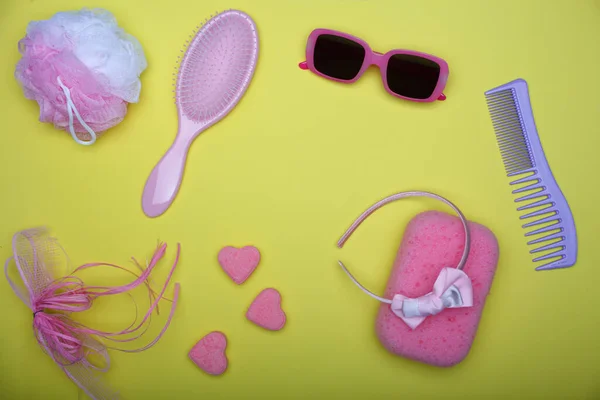 Flat Lay Composition Pink Female Bathroom Accessories Lying Yellow Field — Stock Photo, Image