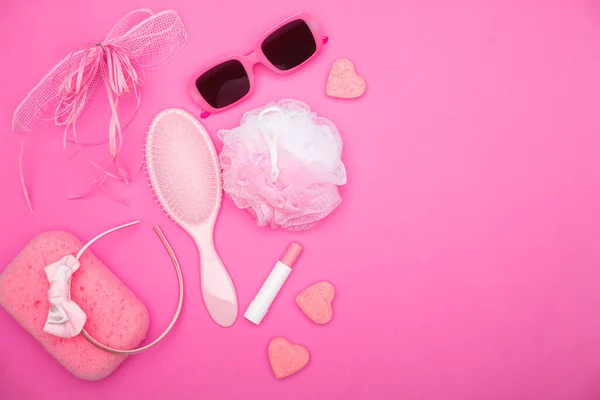 Flat Lay Pink Female Bathroom Accessories Lying Pink Field Accessories — Stock Photo, Image