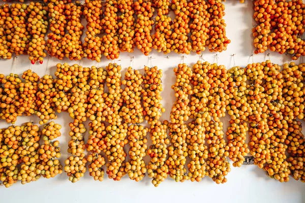 Pomidory cherry wiszące na ścianie w południowej części Włoch — Zdjęcie stockowe