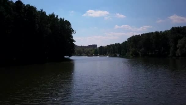 Luftaufnahme einer Seilbahn in einem See mit einem Wakeboarder — Stockvideo