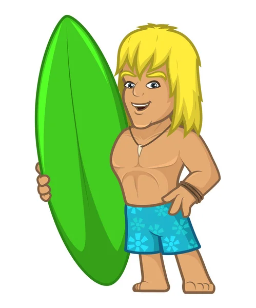 Surfista con una tabla en pantalones cortos azules Ilustraciones de stock libres de derechos
