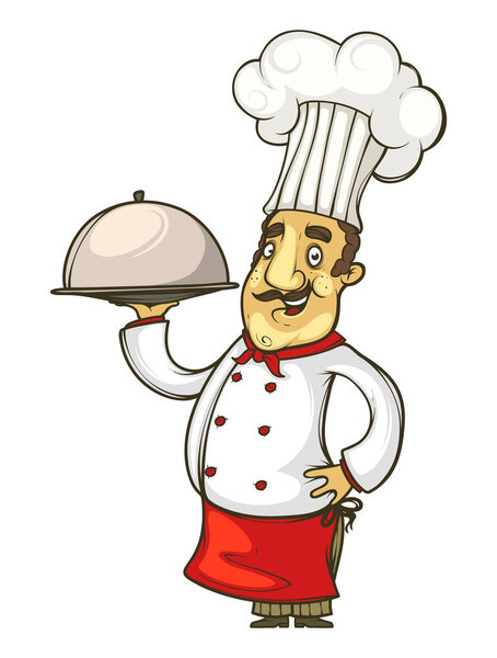 Веселый повар в красном фартуке и галстуке
