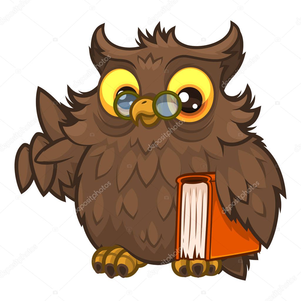 Old wise fluffy owl in glasses and with a book