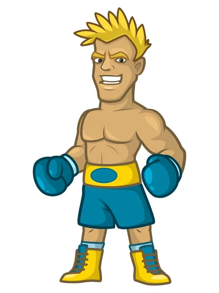 Boxer blond prêt pour la bataille en gants bleus — Image vectorielle