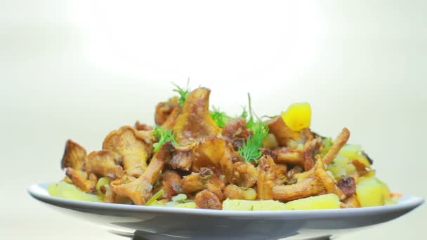 Fried chanterelles with potatoes. — Stock Video