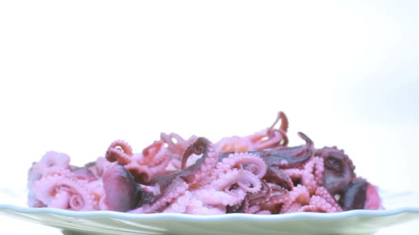 皿にタコのマリネ。多くの白い背景の上のタコ、長さ 3-5 cm — ストック動画