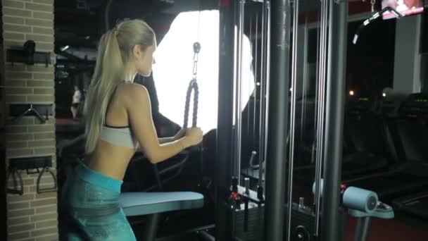 Sexig tjej skakar sin triceps. — Stockvideo