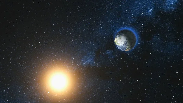 Planet Earth ve güneş alan görünümünde evren — Stok fotoğraf