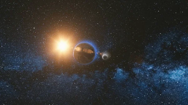 Sunrise view from space on Planet Earth and Moon — Stock Image Sunrise view from space on Planet Earth and Moon — Stock Photo, Image