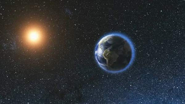 Visão espacial no planeta Terra e Sol no Universo — Fotografia de Stock
