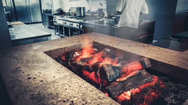 Interior of modern restaurant kitchen, fireplace — Stock Video