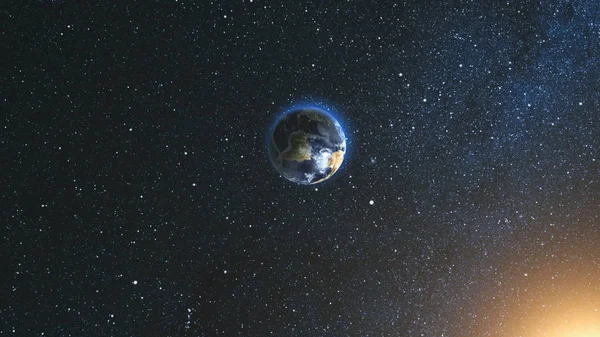 Προβολή χώρου στον πλανήτη γη και τον ήλιο στο σύμπαν — Φωτογραφία Αρχείου