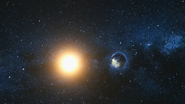 Planet Earth ve güneş alan görünümünde evren — Stok fotoğraf