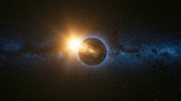 Προβολή χώρου στον πλανήτη γη και τον ήλιο στο σύμπαν — Φωτογραφία Αρχείου
